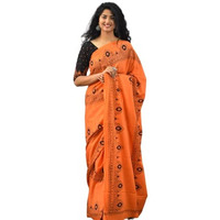 Kiaaron Womens Ikat Hand Block Print Jaipuri Cotton Mulmul Saree with Blouse Piece - Orange_89