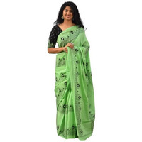 Kiaaron Womens Ikat Hand Block Print Jaipuri Cotton Mulmul Saree with Blouse Piece - Green_90