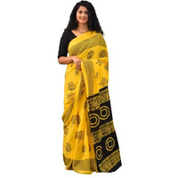 Kiaaron Womens Ikat Hand Block Print Jaipuri Cotton Mulmul Saree with Blouse Piece - Yellow_96