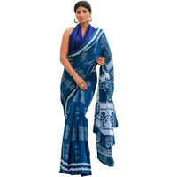 Kiaaron Womens Ikat Hand Block Print Jaipuri Cotton Mulmul Saree with Blouse Piece -Blue_Shiv678