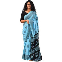Kiaaron Womens Ikat Hand Block Print Jaipuri Cotton Mulmul Saree with Blouse Piece - Turquiose_93