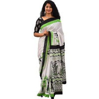 Kiaaron Womens Ikat Hand Block Print Jaipuri Cotton Mulmul Saree with Blouse Piece - Green_149