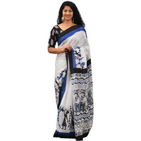 Kiaaron Womens Ikat Hand Block Print Jaipuri Cotton Mulmul Saree with Blouse Piece - Blue_148