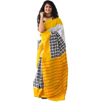 Kiaaron Womens Ikat Hand Block Print Jaipuri Cotton Mulmul Saree with Blouse Piece - Yellow_135
