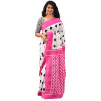 Kiaaron Womens Ikat Hand Block Print Jaipuri Cotton Mulmul Saree with Blouse Piece - Pink_130
