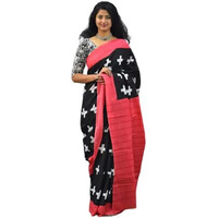 Kiaaron Womens Ikat Hand Block Print Jaipuri Cotton Mulmul Saree with Blouse Piece -Black_Kia1