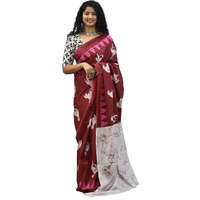 Kiaaron Womens Ikat Hand Block Print Jaipuri Cotton Mulmul Saree with Blouse Piece - Maroon_309