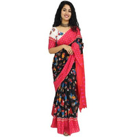 Kiaaron Womens Ikat Hand Block Print Jaipuri Cotton Mulmul Saree with Blouse Piece - Red_307