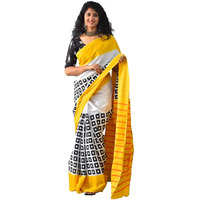 Kiaaron Womens Hand Block Kalamkari Batik Bagru Jaipuri Ikat Printed Handloom Pure Cotton Mulmul Traditional Ethnic Cotton Sarees With Printed Blouse Piece - Yellow