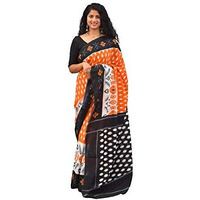 Kiaaron Womens Hand Block Kalamkari Batik Bagru Jaipuri Ikat Printed Handloom Pure Cotton Mulmul Traditional Ethnic Cotton Sarees With Printed Blouse Piece - Black_Orange