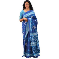 Kiaaron Womens Ikat Hand Block Print Jaipuri Cotton Mulmul Saree with Blouse Piece - Blue_212