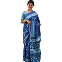 Kiaaron Womens Ikat Hand Block Print Jaipuri Cotton Mulmul Saree with Blouse Piece - Blue_219
