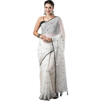 AKHILAM Womens White Embroidered Cotton Silk Saree With Unstitched Blouse Piece