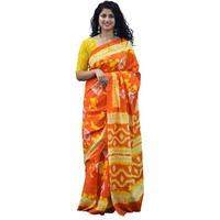 Kiaaron Womens Ikat Hand Block Print Jaipuri Cotton Mulmul Saree with Blouse Piece - Orange_213