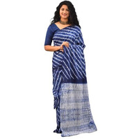 Kiaaron Womens Ikat Hand Block Print Jaipuri Cotton Mulmul Saree with Blouse Piece - Blue_216