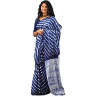 Kiaaron Womens Ikat Hand Block Print Jaipuri Cotton Mulmul Saree with Blouse Piece -Blue_Sup318