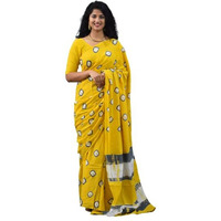 Kiaaron Womens Ikat Hand Block Print Jaipuri Cotton Mulmul Saree with Blouse Piece - Yellow_207