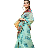 AKHILAM Womens Organza Printed Saree With Unstitched Blouse Piece (Sea Green_NAVYA1001)