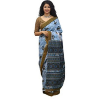 Kiaaron Womens Ikat Hand Block Print Jaipuri Cotton Mulmul Saree with Blouse Piece - Blue_333