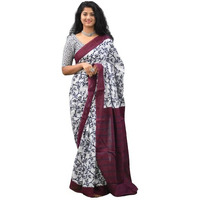 Kiaaron Womens Ikat Hand Block Print Jaipuri Cotton Mulmul Saree with Blouse Piece - White_341