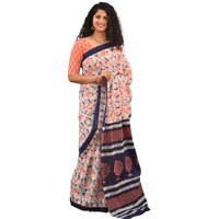 Kiaaron Womens Ikat Hand Block Print Jaipuri Cotton Mulmul Saree with Blouse Piece - White_340