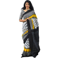 Kiaaron Womens Ikat Hand Block Print Jaipuri Cotton Mulmul Saree with Blouse Piece - Yellow_335