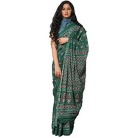 Kiaaron Womens Hand Block Kalamkari Batik Bagru Jaipuri Ikat Printed Handloom Pure Cotton Mulmul Traditional Ethnic Cotton Sarees With Printed Blouse Piece - Green
