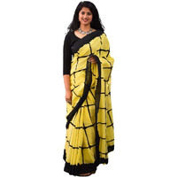 Kiaaron Womens Ikat Hand Block Print Jaipuri Cotton Mulmul Saree with Blouse Piece - Yellow_264