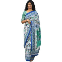 Kiaaron Womens Ikat Hand Block Print Jaipuri Cotton Mulmul Saree with Blouse Piece - Blue_101
