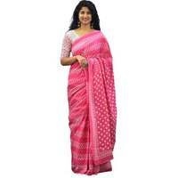 Kiaaron Womens Ikat Hand Block Print Jaipuri Cotton Mulmul Saree with Blouse Piece - Pink_68