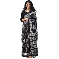 Kiaaron Womens Hand Block Kalamkari Batik Bagru Jaipuri Ikat Printed Handloom Pure Cotton Mulmul Traditional Ethnic Cotton Sarees With Printed Blouse Piece - Black_White