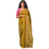 Kiaaron Womens Ikat Hand Block Print Jaipuri Cotton Mulmul Saree with Blouse Piece - Mustard_342