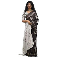 Kiaaron Ikat Hand Block Print Cotton Mulmul Saree with Blouse Piece for Women - Brown