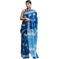 Kiaaron Womens Hand Block Kalamkari Batik Bagru Jaipuri Ikat Printed Handloom Pure Cotton Mulmul Traditional Ethnic Cotton Sarees With Printed Blouse Piece - Blue