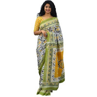 Kiaaron Womens Ikat Hand Block Print Jaipuri Cotton Mulmul Saree with Blouse Piece - Green_97