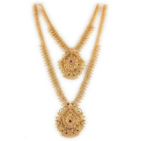 CUTE GOLD One Gram Micro Gold Plated Traditional South Indian Fashion Jewellery Stylish Ruby Emrald Stone Long Haram Set for Women & Girls