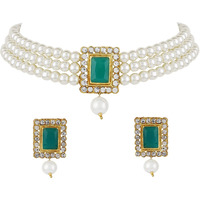 Shining Diva Fashion Latest Stylish Choker Traditional Pearl Necklace Jewellery Set for Women (Green)(A12286s), One