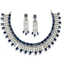 ZENEME Jewellery American Diamond Floral Design Choker Necklace Set With Earring For Women and Girls (Blue Rhodium)
