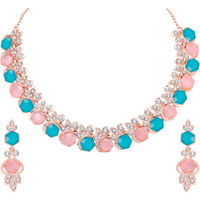 Atasi International Gold Plated Pink & Blue Crystal AD Diamond Womens Necklace Set | Jewellery Set With Earrings | MPB5766