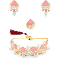 ZAVERI PEARLS Pink & Green Kundan Choker Necklace Earring & Ring Set For Women-ZPFK14431