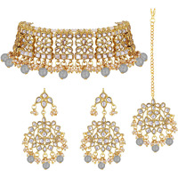 Peora Ethnic Indian Traditional Jewellery Kundan Choker Necklace Earring Maang Tikka Set for Women Girls (Grey)