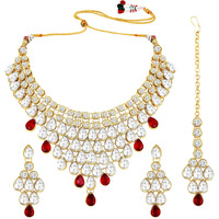 Peora Traditional Kundan Dulhan Necklace Set with Earring Maang Tikka Ethnic Jewellery for Women (Maroon)