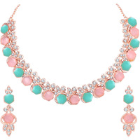 Atasi International Gold Plated Pink & Green Crystal AD Diamond Womens Necklace Set | Jewellery Set With Earrings | MPG5766