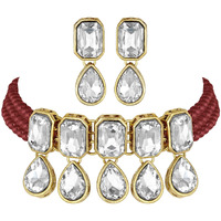 Peora Crystal Pearl Traditional Ethnic Bridal Choker Necklace with Earrings Jewellery Set for Women Girls