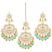 Peora Women Mint Green Gold-Plated Pearl Kundan Studded Earring MaangTikka Jewellery Set