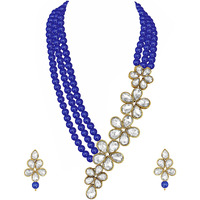Peora Blue Gold-Plated Floral Crystal Pearl Studded Long Necklace Earrings Jewellery Set for Women & Girls
