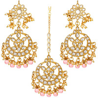 Peora Traditional Jewellery 18K Gold Plated Kundan & Pearl Maang Tikka Earring Set for Women Girl (Pink)