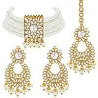 Peora Gold Plated Jodha Akbar Kundan White Faux Pearl Choker Necklace with Earring Maang Tikka Traditional Bridal Jewellery Set for Women & Girls