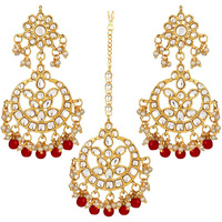 Peora Traditional Jewellery 18K Gold Plated Kundan & Pearl Maang Tikka Earring Set for Women Girls