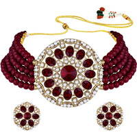 Peora Gold Plated Kundan Faux Pearl Maroon Adjustable Choker Necklace Beaded Jewellery Set for Women